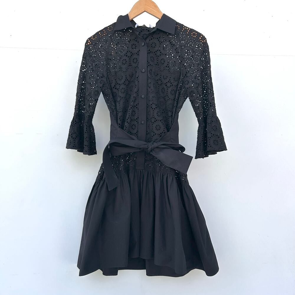 New Derek Lam 10 Crosby Black Eyelet Lace Belted Mini Dress Small 2 Chic - Picture 2 of 11